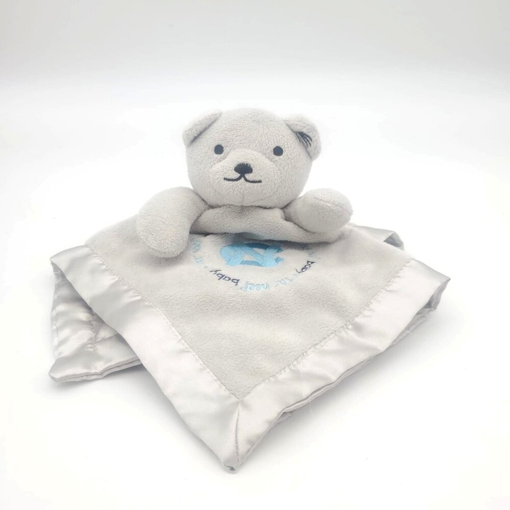 UNC Tar Heels Baby Lovey‎ Security Blanket With Bear 12"x12" Soft Plush Gray